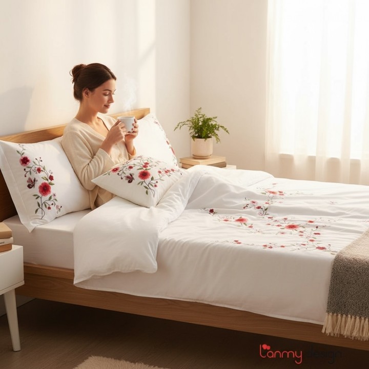 Vỏ chăn cotton Anh cỡ queen thêu hoa và bướm mới